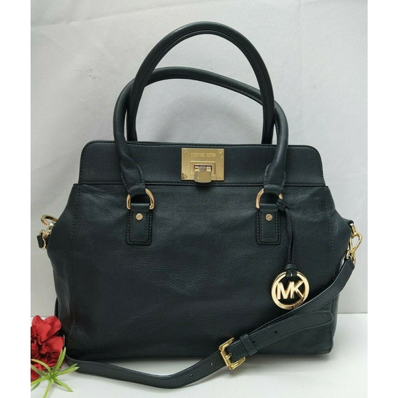 Michael Kors Dark Green Leather Pushlock Large Satchel Shoulder Bag - Picture 1 of 16